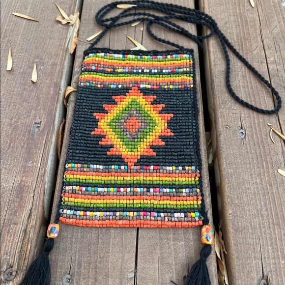 Hand-dyed beads Boho Beaded Purse Satchel Bag Pattern Black Gold diamond 70s - Picture 4 of 9